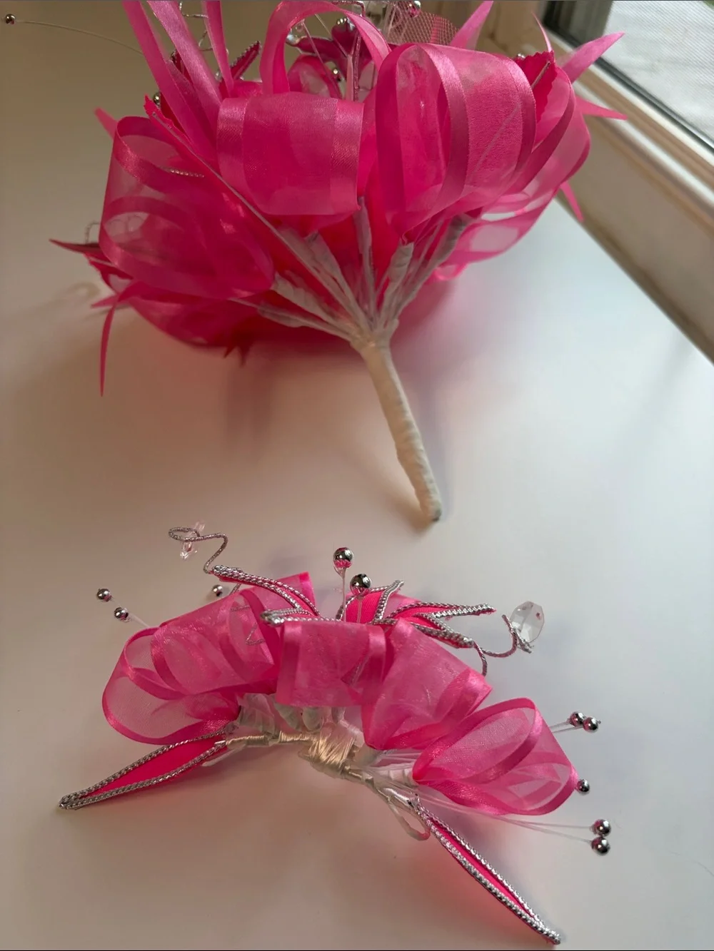 Sweet 15 Quinceañera Fuchsia Pink Ribbon Bouquet & Matching Tocado Set